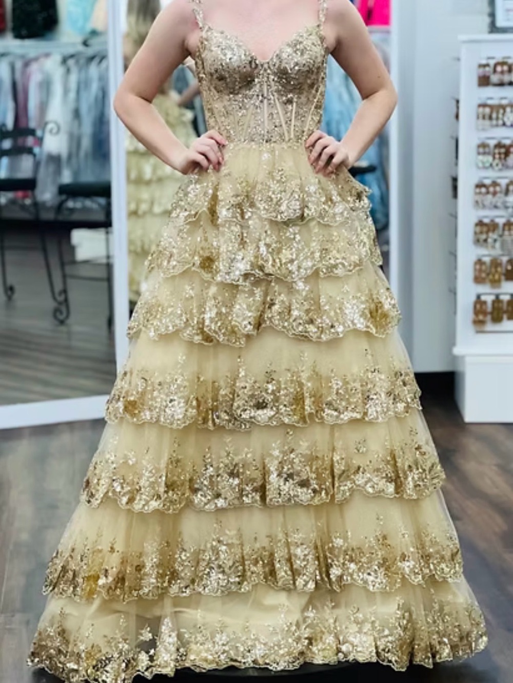 Sherri Hill Champagne Sequin Evening Gown - Picture 6 of 7
